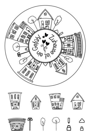 „Runde Häuserwelt – Zuhause ist ein Gefühl“ -  Selbstklebende Siebdruck-Schablone