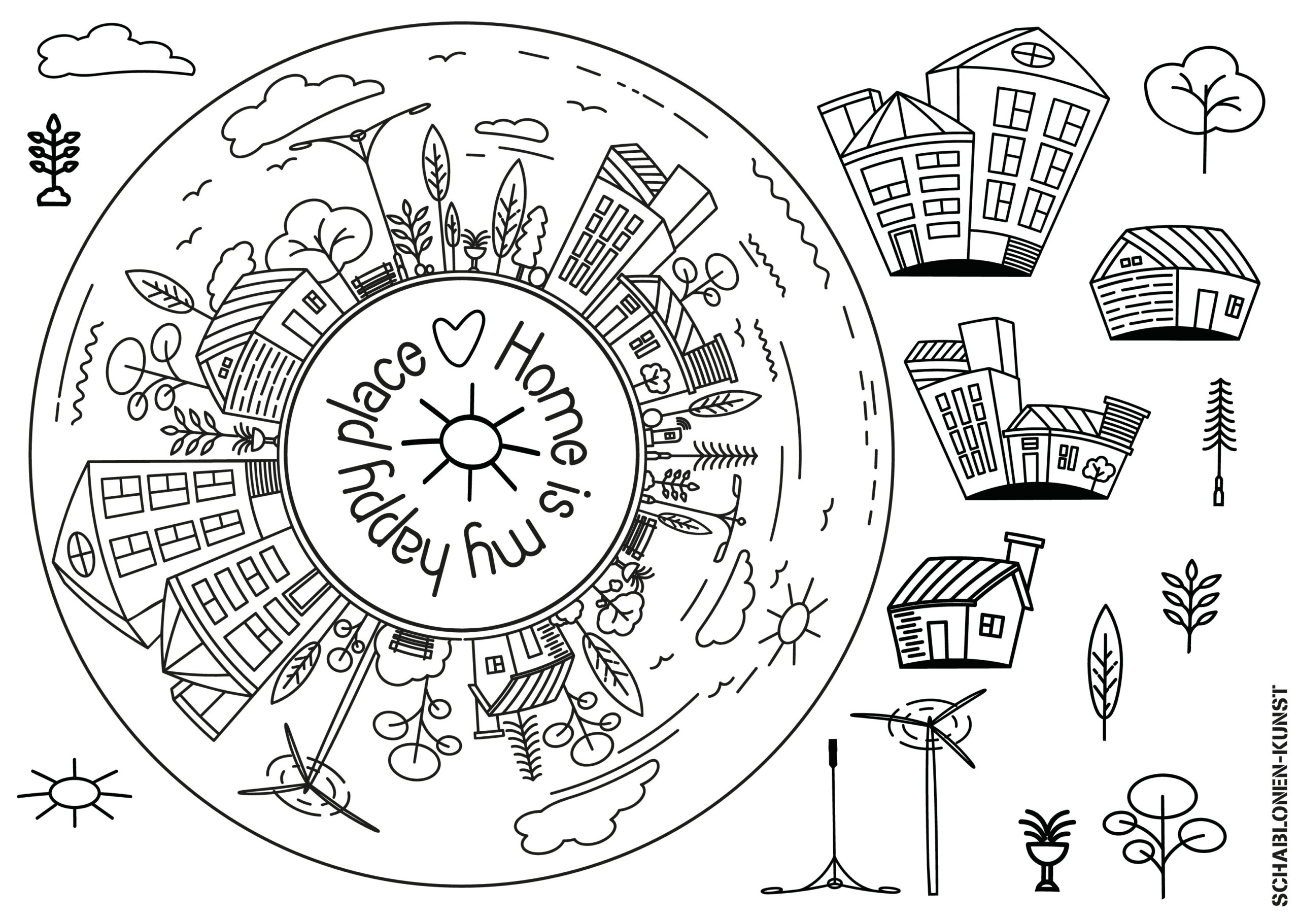 Selbstklebende Siebdruck-Schablone -„Wohlfühlzuhause – Verspieltes Stadt- und Naturmotiv“ – Bild 3