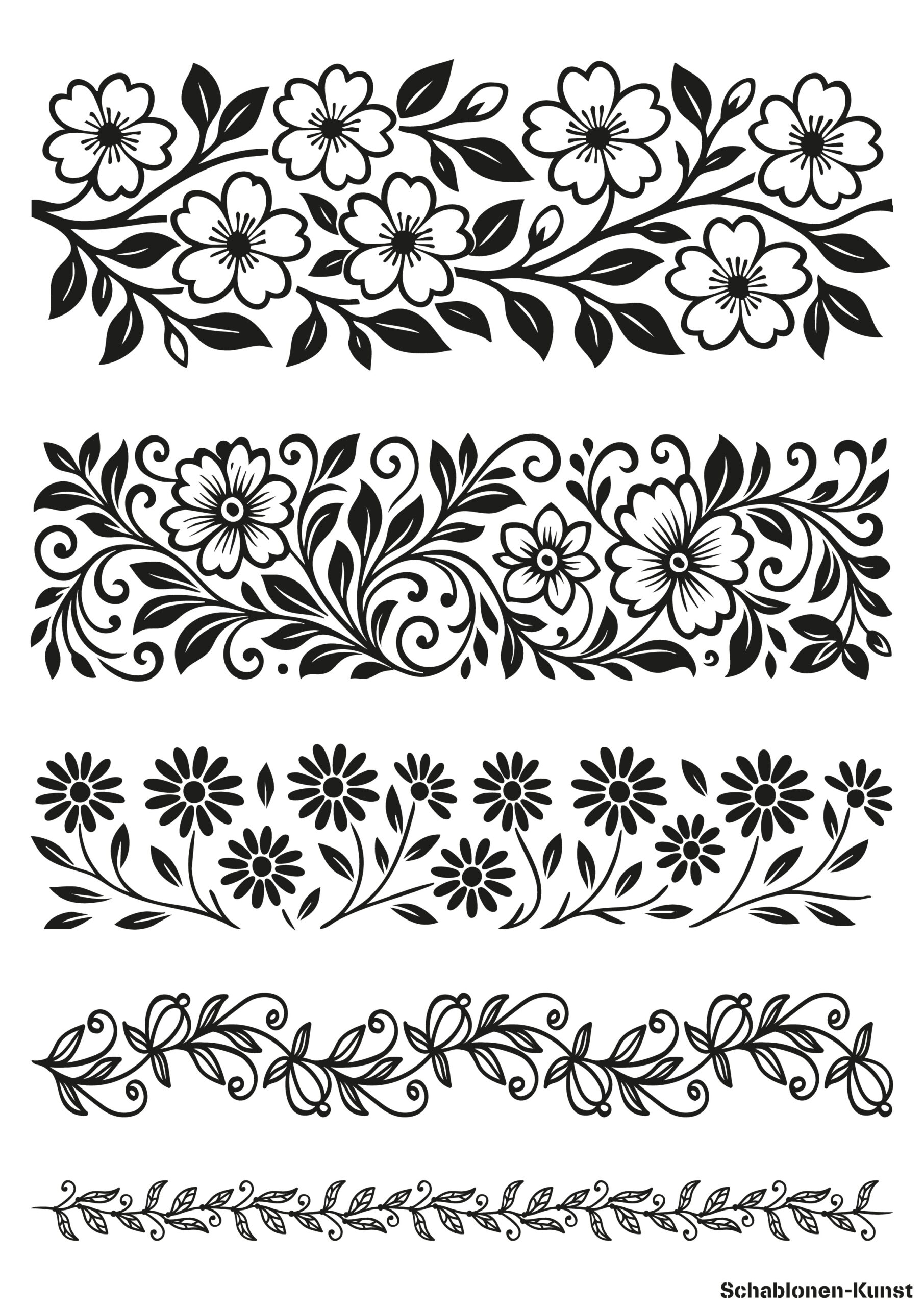 Selbstklebende Siebdruck-Schablone - „Bordürenmix Floral – 5 Designs“